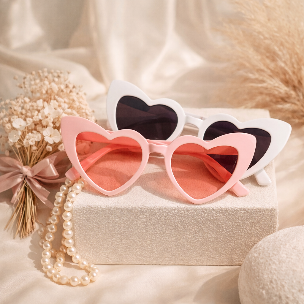 Heart-shaped sunglasses with pink and white frames on a decorative background