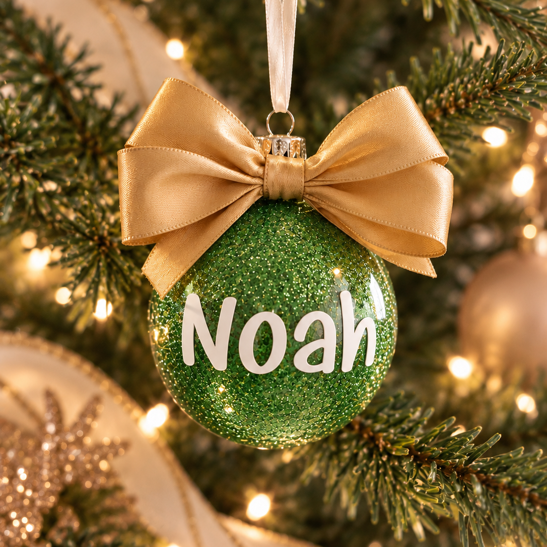 A green glitter Christmas ornament with the name 'Noah' in white script, hanging on a decorated Christmas tree with a gold ribbon bow and warm string lights.