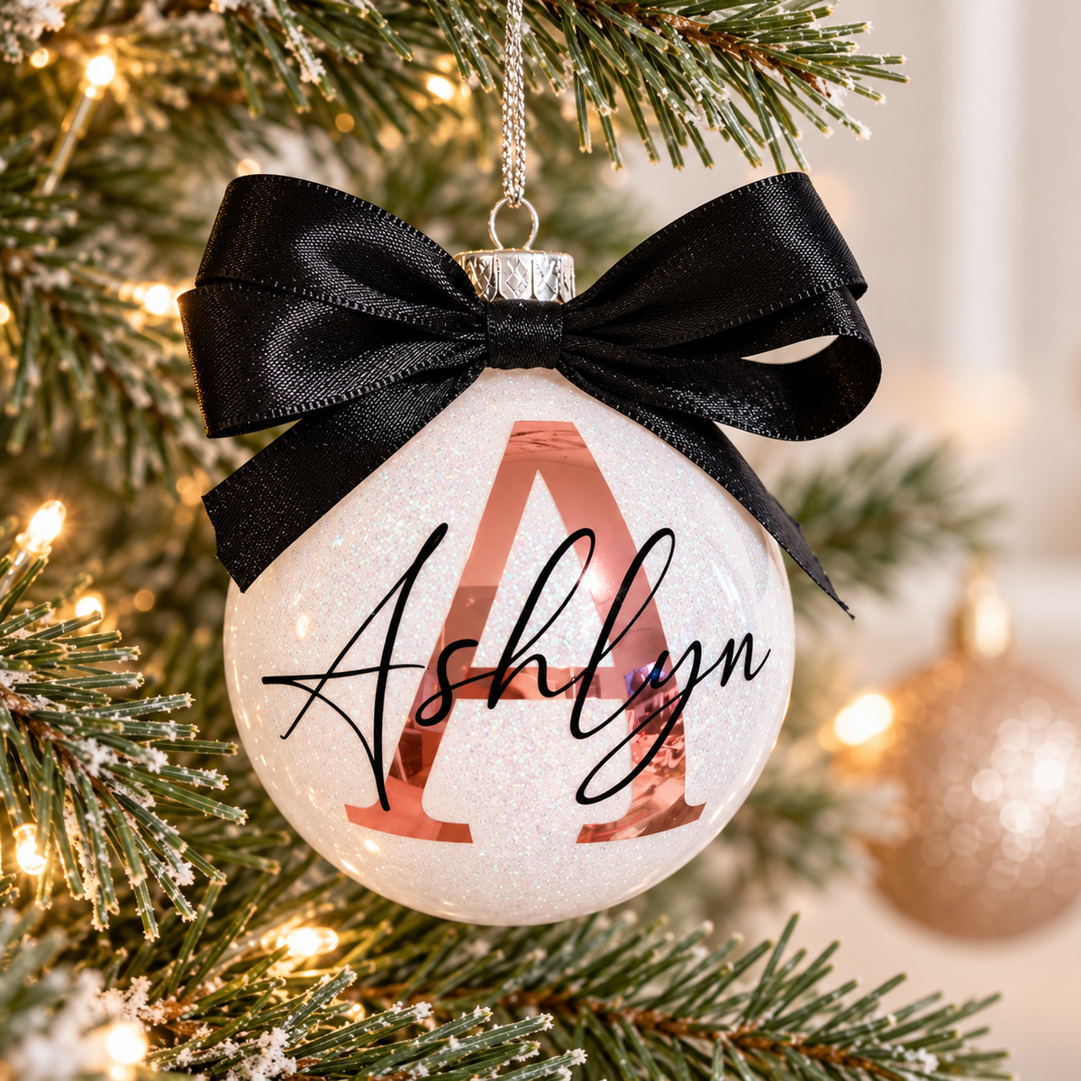 A personalized round Christmas ornament hanging on a decorated tree. The ornament is white with glitter, featuring a large metallic rose gold letter 'A' and the name 'Ashlyn' in black script.