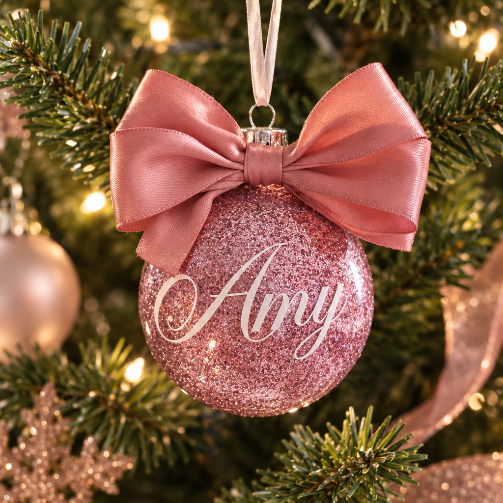 A round pink glitter Christmas ornament hanging on a decorated Christmas tree. The ornament features a large dusty pink satin bow on top and the name 'Amy' written in white cursive script on the front.