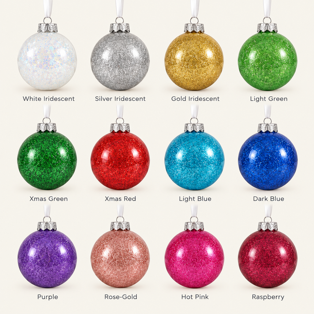 Twelve glitter Christmas baubles arranged in a 3-by-4 grid on a light beige background, each labeled with its color name. The colors shown are White Iridescent, Silver Iridescent, Gold Iridescent, Light Green, Xmas Green, Xmas Red, Light Blue, Dark Blue, Purple, Rose-Gold, Hot Pink, and Raspberry.