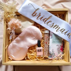 Bridesmaid keepsake hamper in handmade wooden box ready for bridesmaid proposal box