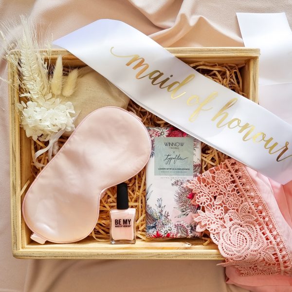 maid or matron of honour hamper with gifts for maid of honour in keepsake wooden box