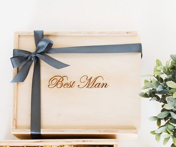custom engraved wooden gift box engraved with 'best man' and finished with a bridal grey coloured ribbon