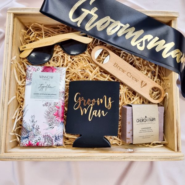 Groomsman keepsake gift hamper with groomsman gifts, sash and chocolate