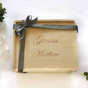 custom engraved wooden gift box for groom to be. Lid is engraved with 'Groom Matthew' and finished with bridal grey ribbon