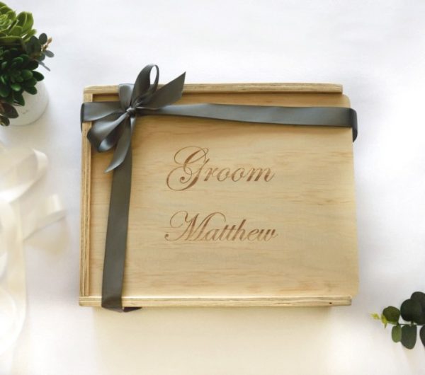 custom engraved wooden gift box for groom to be. Lid is engraved with 'Groom Matthew' and finished with bridal grey ribbon