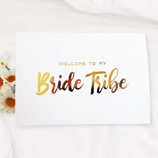 welcome to my bride tribe card for bridesmaids with gold foil