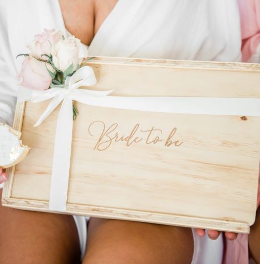 bride to be engraved in wooden gift box, finished with a bridal white ribbon and light blush pink roses