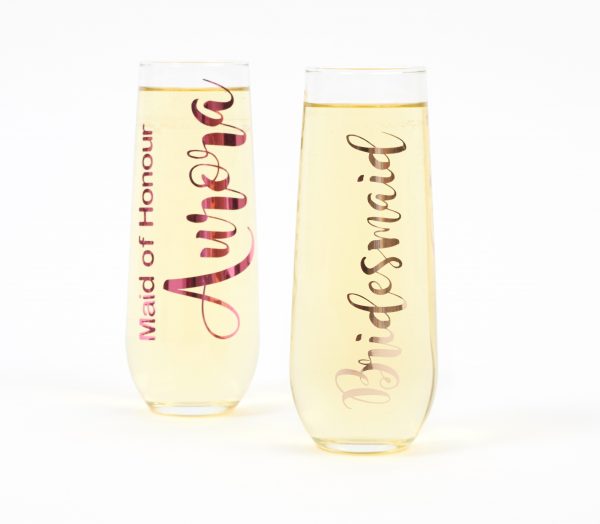 custom personalised stemless champagne flutes for bridal party