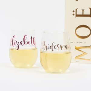 custom personalised stemless wine glass for bridal party