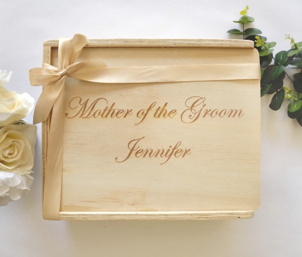 Keepsake wooden gift box engraved with 'mother of the groom jennifer', finished with champagne ribbon