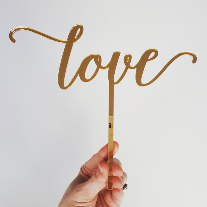 love cake topper in mirror gold acrylic