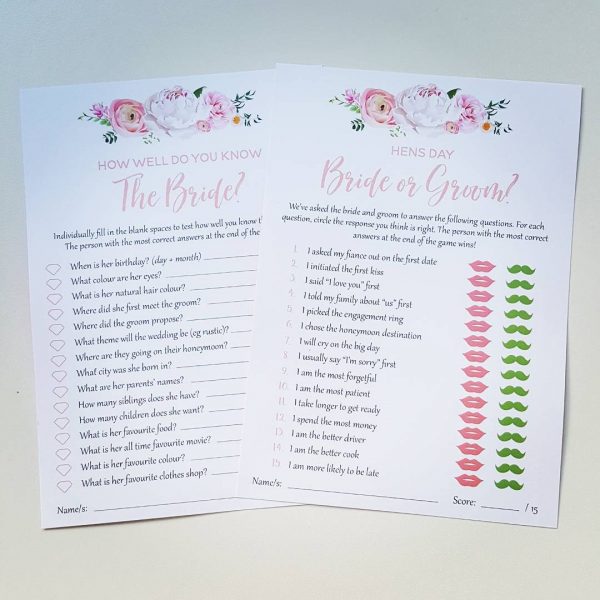 hens party games in blush floral design
