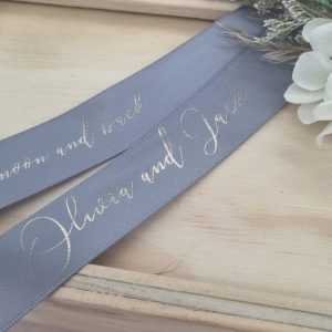 Olivia and Jack printed on gold on a bridal grey custom printed ribbon